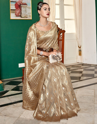 Satrani Woven, Self Design, Embellished Kanjivaram Pure Cotton Saree(Beige, Gold)