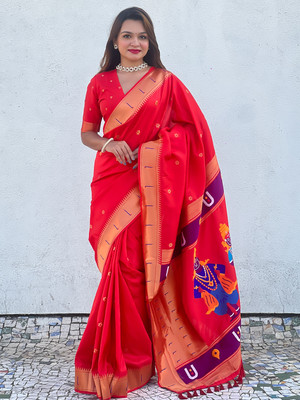Tasrika Woven Paithani Cotton Silk Saree(Red)