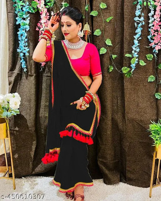 sareya veela Polka Print Bollywood Georgette Saree(Black)