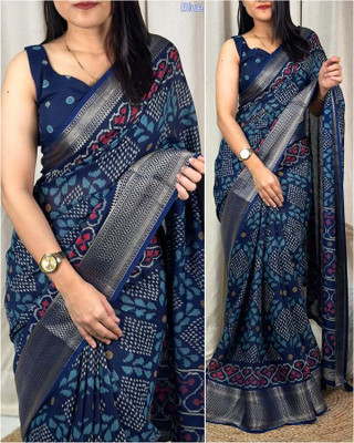 SVPrints Geometric Print, Woven, Temple Border Bollywood Muslin Saree(Blue)
