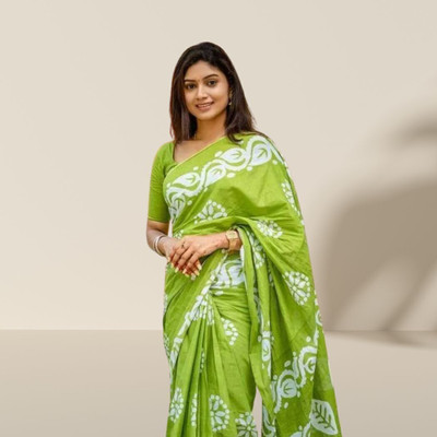 Alexa Fashion Floral Print Daily Wear Cotton Blend Saree(Green)