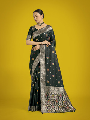 Monjolika Fashion Woven Banarasi Satin Saree(Dark Green)