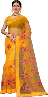 DWINIZAA STORE Embroidered Bollywood Net Saree(Yellow)