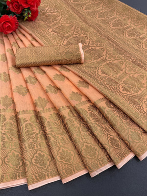 iZibra Woven Kanjivaram Pure Silk, Cotton Silk Saree(Orange)
