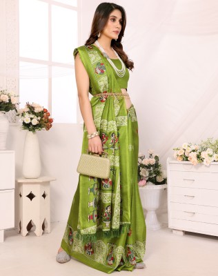 YASHIKA Printed Hand Batik Art Silk Saree(Green)