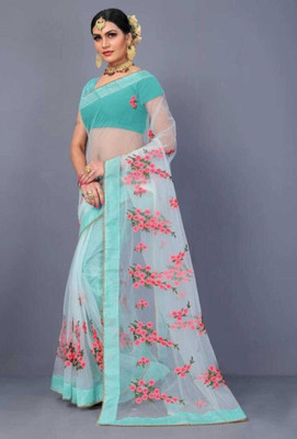 Stylebhawani Embroidered Kalamkari Net Saree(Blue)