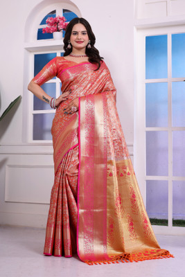 rangbhakti Woven Banarasi Silk Blend, Dupion Silk Saree(Orange, Gold, Pink)