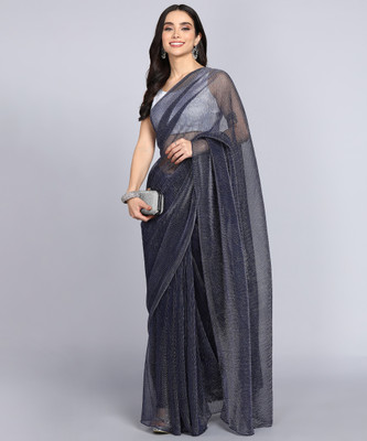 AKFABRICS Solid/Plain Bollywood Lycra Blend Saree(Blue)
