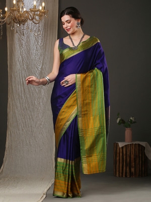 Sareemall Color Block Daily Wear Cotton Silk Saree(Dark Blue)