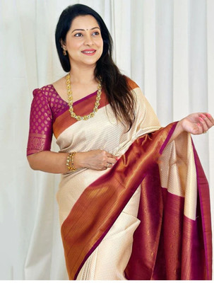 Quelea Embellished, Woven, Self Design Banarasi Silk Blend, Polyester Saree(Maroon)