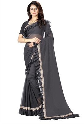 fFASHION Self Design, Striped, Solid/Plain, Embellished, Woven Bollywood Georgette Saree(Grey)