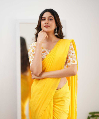 TWIRL Solid/Plain Handloom Pure Cotton Saree(Yellow)