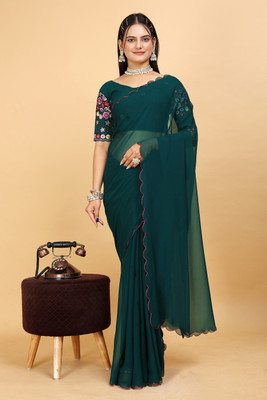 ShiniTrendz Embroidered, Solid/Plain Bollywood Georgette Saree(Dark Green)