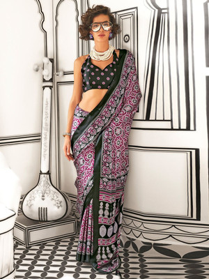 ANOUK Printed Hand Batik Crepe Saree(Magenta)
