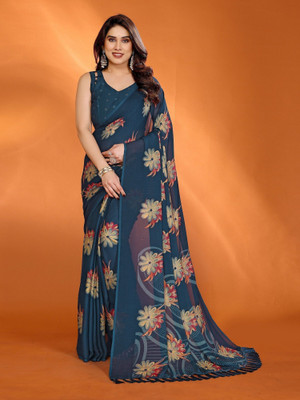 RAJESHWAR FASHION Floral Print Bollywood Pure Silk Saree(Light Blue)