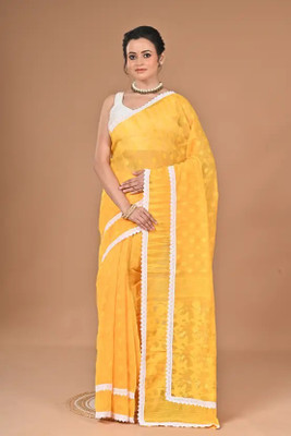 FASHIONIUM Woven Jamdani Cotton Silk Saree(Yellow)