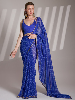Divastri Printed Bandhani Georgette Saree(Dark Blue)