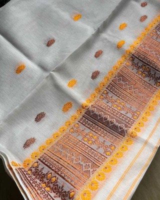 vrajnetic Woven Mekhela Chador Pure Cotton Saree(White, Yellow, Brown)