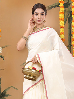 Kalyan Silks Solid/Plain Kasavu Cotton Blend Saree(Cream)