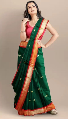malegaon paithani Printed Banarasi Cotton Silk Saree(Green, Red)