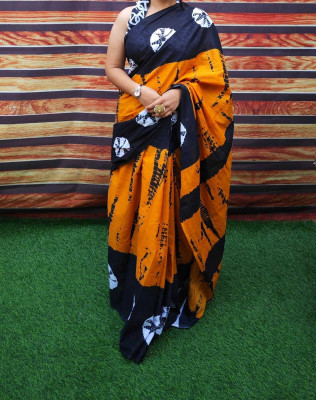 DASTKARPRINT Blocked Printed, Floral Print, Color Block Daily Wear Pure Cotton Saree(Orange)