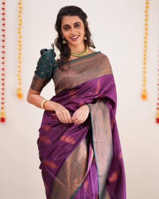 Bansari Textiles Self Design, Woven, Applique, Printed, Temple Border Kanjivaram Jacquard, Art Silk Saree(Purple)