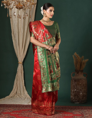 Samah Woven, Embellished Baluchari Silk Blend Saree(Red)