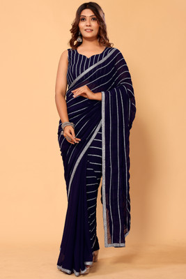 PATLANI STYLE Printed Pre Draped Saree Georgette Saree(Dark Blue)