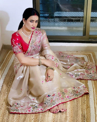 shree maruti fashion Embroidered Bollywood Jimmy choo Saree(Cream)