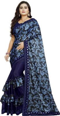 HouseOfCommon Floral Print Bollywood Lycra Blend Saree(Dark Blue)