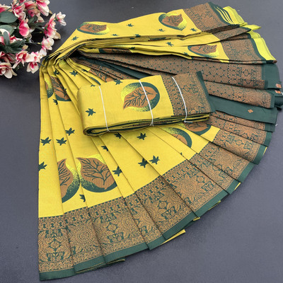 looknchoice Woven Kanjivaram Pure Silk, Art Silk Saree(Yellow, Green)