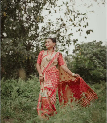 vrajnetic Woven Mekhela Chador Pure Silk Saree(Cream)