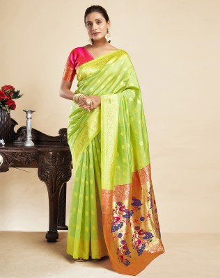 SIRIL Self Design, Woven Paithani Silk Blend Saree(Light Green, Pink)