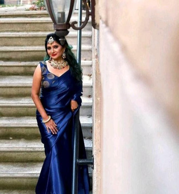 HouseOfCommon Solid/Plain Bollywood Pure Silk, Satin Saree(Dark Blue)