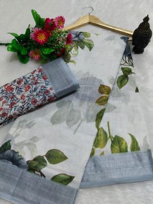 HouseOfCommon Printed Kanjivaram Pure Cotton, Cotton Silk Saree(White)