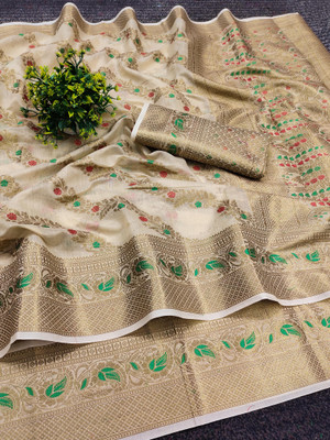 PANZORA Woven Banarasi Cotton Silk Saree(White)