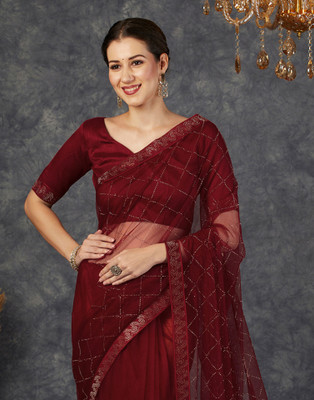 Satrani Dyed, Embellished Bollywood Net Saree(Red, Gold)