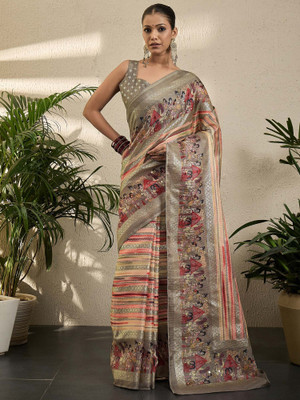 Divastri Printed Kota Doria Jute Silk Saree(Multicolor)