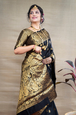 Aarya creation Woven Kanjivaram Pure Silk Saree(Black)