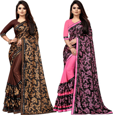 DECOFIN Embellished Bollywood Lycra Blend Saree(Pack of 2, Brown, Pink)
