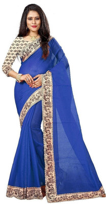 RAJESHWAR FASHION Printed Chanderi Cotton Blend Saree(Blue)