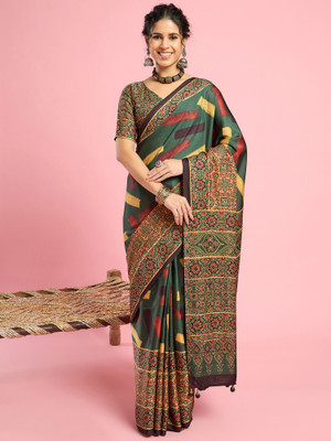Divastri Printed Hand Batik Silk Blend Saree(Green)