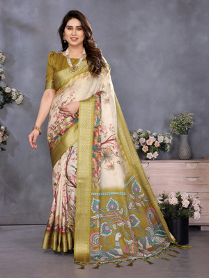 KB TEX Digital Print Bollywood Cotton Silk Saree(Yellow)
