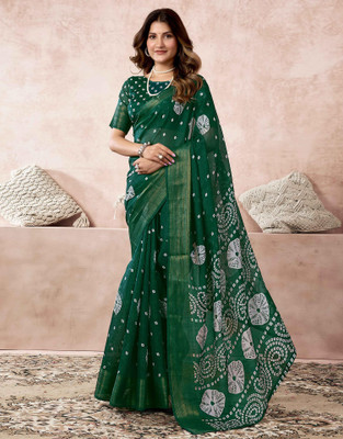 Anmi Floral Print, Geometric Print, Embellished Daily Wear Cotton Blend Saree(Green)