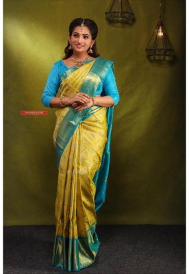 Sarvada Printed Banarasi Jacquard, Art Silk Saree(Mustard, Light Blue)