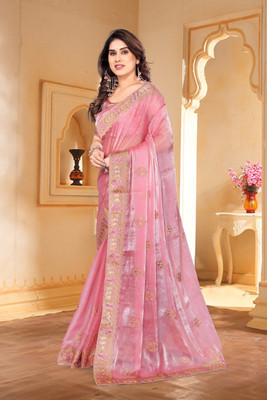 KHRITI FAB Embroidered Bollywood Jimmy choo Saree(Pink)