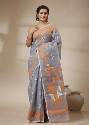 Mondal Saree Centre Printed Jamdani Cotton Silk Saree(Grey)