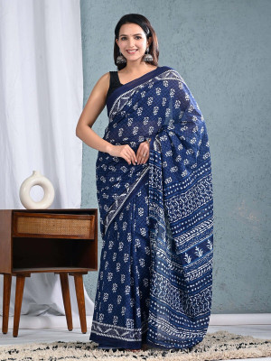 Shiv Shakti Emorium Printed Daily Wear Pure Cotton Saree(Blue)