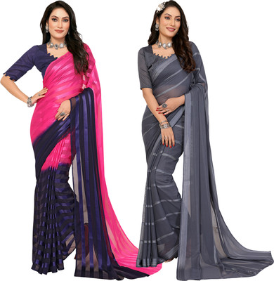 Moda Rapido Self Design, Striped, Ombre Bollywood Satin Saree(Pack of 2, Pink, Blue)