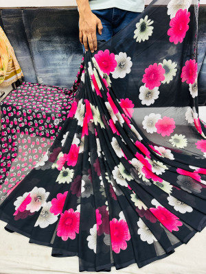 LADDUGOPALSALES Floral Print, Printed Daily Wear Georgette Saree(Black, Multicolor)